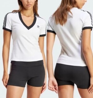 아디다스 ADIDAS 스트라이프 브이넥 크롭 반팔 티셔츠 IR2416 IR8114